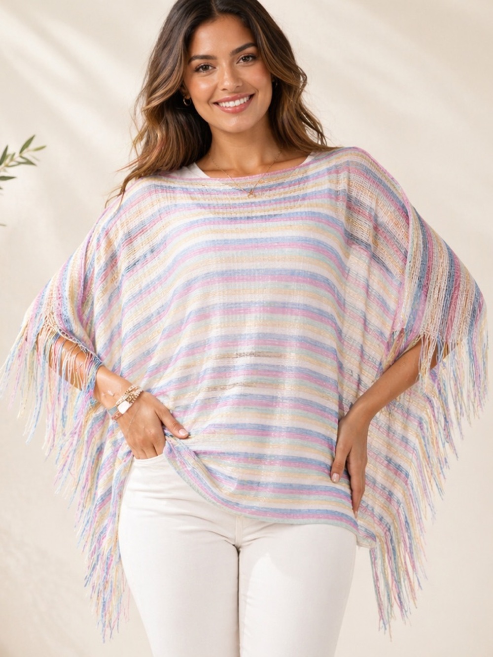 Multi Color Stripe Fringed Poncho Rainbow Pastel Tassel Cover Up One Size Boho